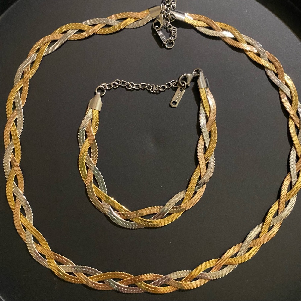 Tri tone braided minimalist necklace and bracelet - 18k gold plated